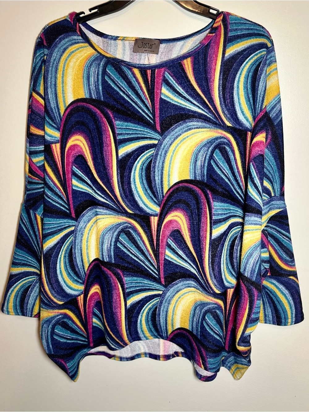 Jostar Abstract Swirl Print Sharkbite Hem Top XL Made USA Colorful Stretch